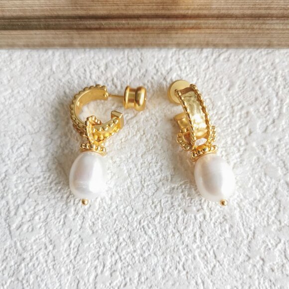 Julie Vos Marbella Pearl Gold Hoop & Charm Earrings - Picture 2 of 4